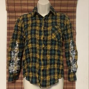 Barneys New York Adaptation Womens XS Plaid Button Down Long Sleeve Shirt Green